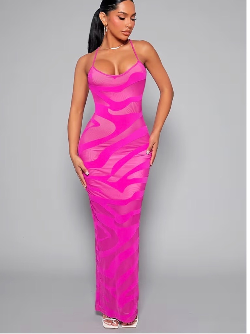 SHEIN Hot Pink Sheer Bodycon Maxi Dress